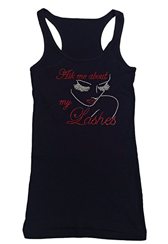 Women's Rhinestone Fitted Tight Snug Shirt Ask Me About My Lashes Face (Black Tank Top, Large)