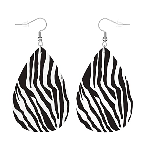 Zokola Zebra Print Womens Leather Earrings, Black White Tiger Stripes Animal Zebra Skin Charm Teardrop Faux Leather Dangle Earrings Sexy Earrings For Party Holiday Jewelry
