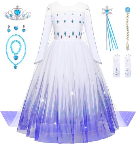 Aoiviss Girls Princess Costumes Snow Queen Princess Dresses Fancy Dress Up Clothes for Halloween Snow Party Cosplay, White