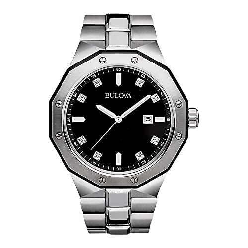 Bulova Men's Classic Stainless Steel 3-Hand Date Quartz Watch with Diamonds and Black Dial, 44mm Style: 98D103