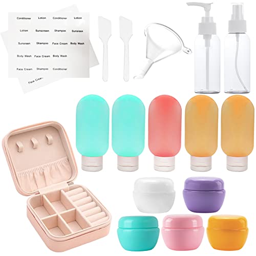 Travel Bottles Silicone Bottles for Travel, Silicone Refillable Size Containers with Travel Jewelry Case, Travel Accessories Travel Tubes Toiletries for Cosmetic Shampoo Cream Conditioner Lotion Soap