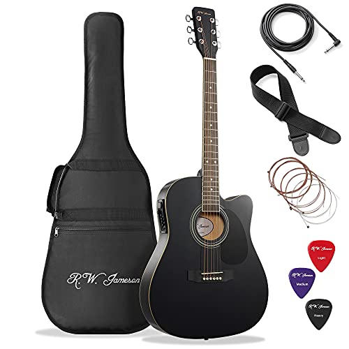 Jameson Guitars Full Size Thinline Acoustic Electric Guitar with Free Gig Bag Case & Picks Black Right Handed