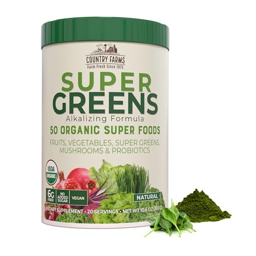COUNTRY FARMS Super Greens Natural Flavor, 50 Organic Super Foods, USDA Organic Drink Mix, Fruits, Vegetables, Super Greens, Mushrooms & Probiotics, Supports Energy, 20 Servings, 10.6 Oz
