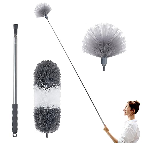 BOOMJOY Microfiber Feather Duster and Cobweb Duster, Bendable Duster with 100 inches Extension Pole, Washable Dusters for Ceiling Fan, High Ceiling, Blinds, Cobweb, Furniture, Cars