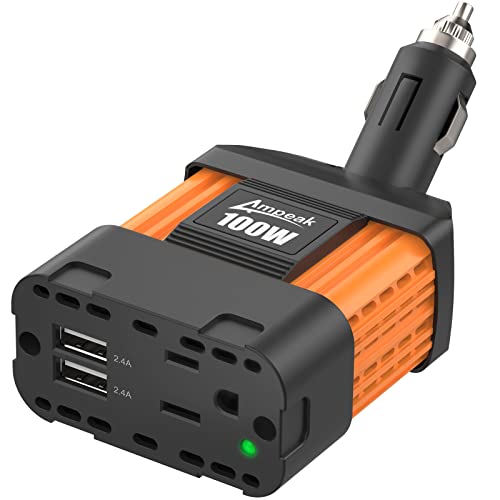 Ampeak 100W Car Power Inverter 4.8A Dual USB Ports AC Outlet 11 Safe Protections Cordless Cigarette Lighter Adapter for iPhone iPad
