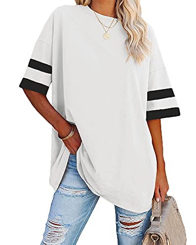 Fisoew Womens Oversized Tees Loose T Shirts Half Sleeve Crew Neck Color Block Cotton Tunic Tops White