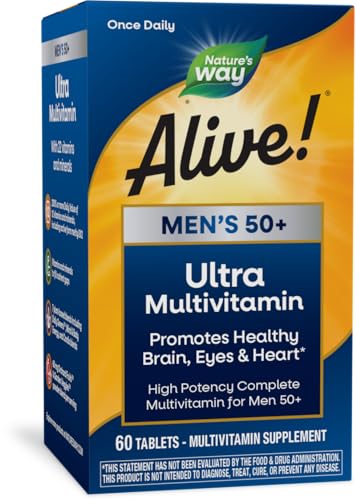 Nature's Way Alive! Men’s 50+ Daily Ultra Multivitamin, High Potency Formula, Supports Healthy Brain, Eyes & Heart*, Gluten-Free, 60 Tablets (Packaging May Vary)