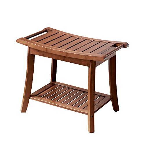 Forevich Bamboo Shower Bench Stool with Storage Shelf Waterproof Shower Chair Spa Bath Seat Excellent for Indoor Use Chestnut Brown