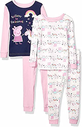 Peppa Pig Girls' Toddler 4 Piece Cotton Long Sleeves and Pajama Pants Set, Unicorns, 4T