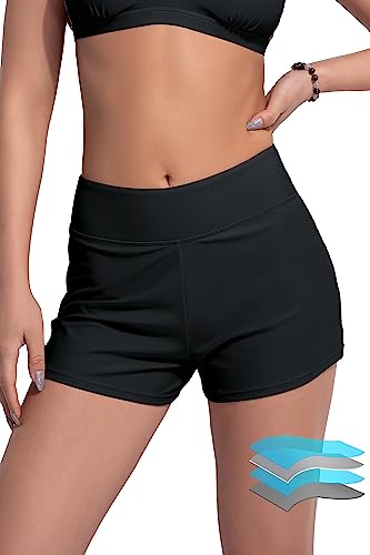 Beautikini Period Swimwear Menstrual Leakproof Swim Shorts Quick Dry 3' Wide Waistband Bathing Suit Bottoms for Girls, Teens Black