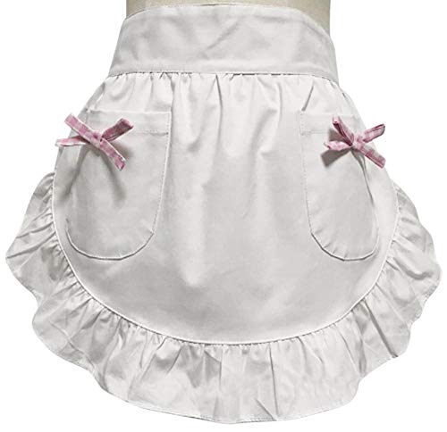 CRB Fashion Waist Apron Kitchen Cooking Restaurant 100% Cotton Bistro Half Aprons with Pockets For Girl Woman (White Pink)