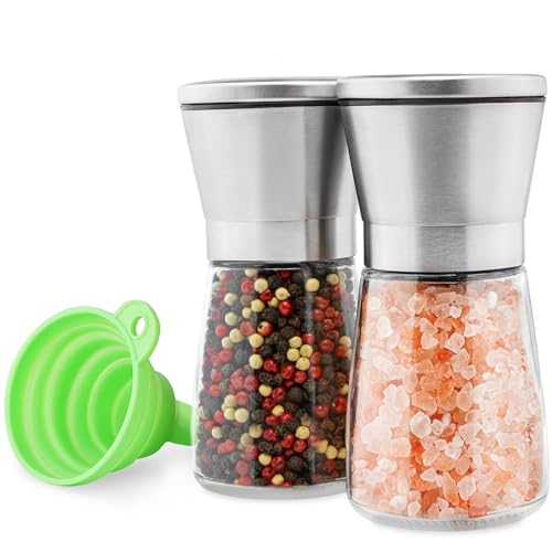 M JINGMEI Stainless Steel Salt and Pepper Grinder Set of 2 - Pepper Mill & Salt Mill with Adjustable Coarseness - Glass Spice Shakers - Easy Clean Ceramic Grinders W/Funnel