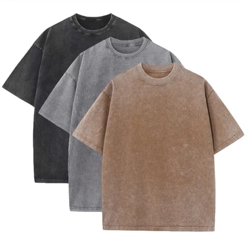 3 Pcs Men's Oversized Heavy Cotton Summer T-Shirts Vintage Tee Loose Fit Short Sleeve Casual Tshirts for Men Women