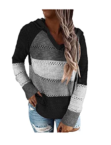 Fall Winter Patchwork Hooded Sweaters for Women Long Sleve V-Neck Slim Pullover Tops Plus Size Female Knit Sweaters Black