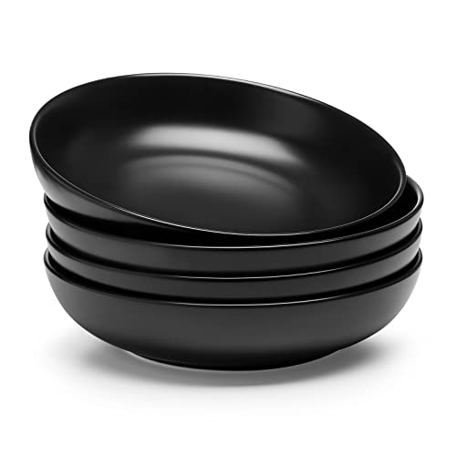 Teocera Pasta Bowls, Large Salad Bowls, Porcelain Bowl Set, Wide and Shallow, Microwave and Dishwasher Safe, 35 Ounce - Set of 4, Matte Black