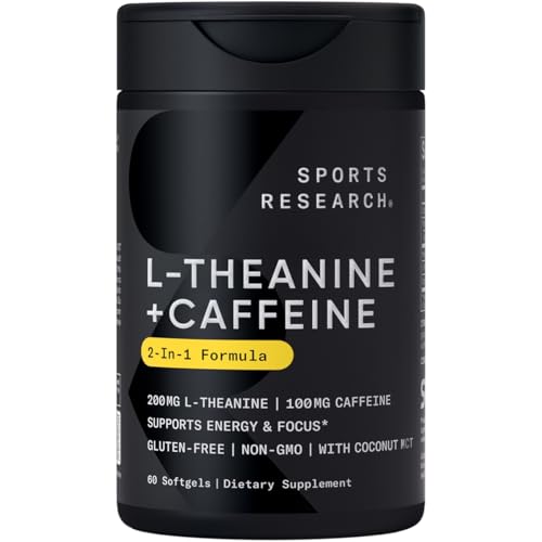 Sports Research L-Theanine Supplement with Caffeine & Coconut MCT Oil - Focused Energy, Alertness & Relaxation without Drowsiness - 200mg L Theanine, 100mg Organic Caffeine - 60 Liquid Softgels