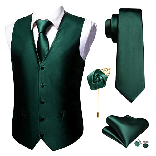 Barry.Wang Men Green Silk waistcoat with Tie Cufflinks Pocket Square Vest Suit Set for Christmas