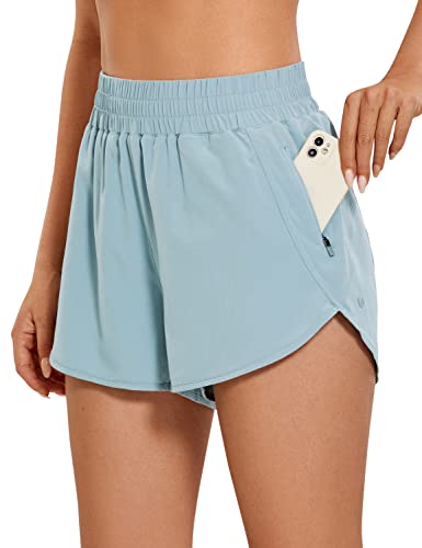 CRZ YOGA Women's High Waisted Running Shorts Mesh Liner - 3'' Dolphin Quick Dry Athletic Gym Track Workout Shorts Zip Pocket Light Grayish Blue Medium