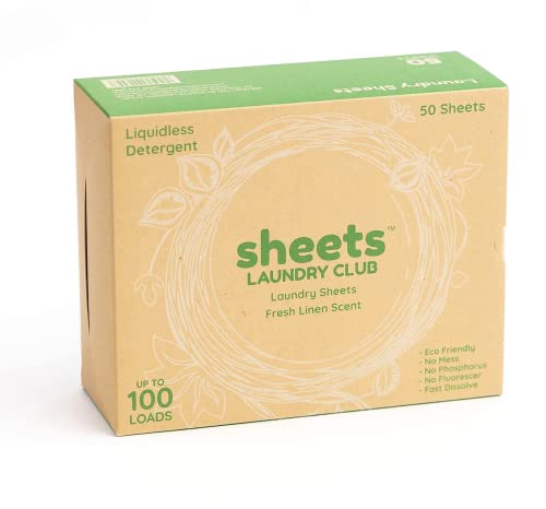 Sheets Laundry Club - US Veteran Owned Company -Laundry Detergent (Up to 100 Loads) 50 Laundry Sheets- Fresh Linen Scent - New Liquid-Less Technology - Lightweight - Easy To Use -