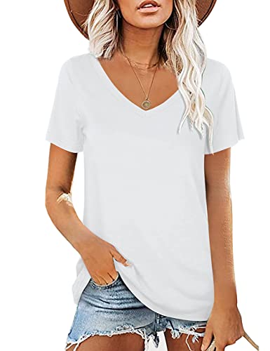 Elesomo Womens V Neck Tshirts Short Sleeve Summer Cotton Tee Shirt Tops, White L