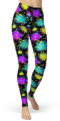 sissycos Women's 80s Leggings Artistic Splash Printed Buttery Soft Stretchy Pants (X-Large, Neon Splatter)