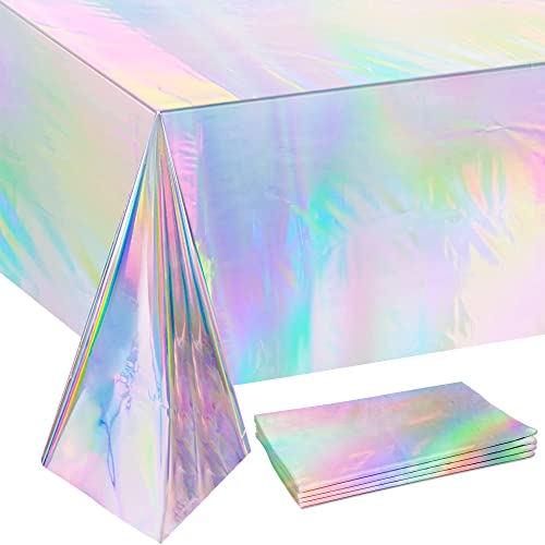 4 Pack Iridescence Plastic Tablecloths Disposable Laser Tablecloth Holographic Foil Rectangle Table Covers Birthday Disco Bachelorette Bridal Wedding Rainbow Iridescent Party Decorations 54' x 108'