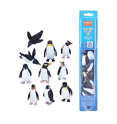 Wild Republic Penguin Figurines Tube, Penguin Toys, Emperor Penguin, Gentoo, Chinstrap, Adelie, Rockhopper And Swimming Penguins Ten Piece Set