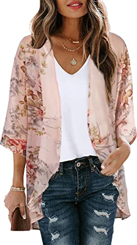 Womens Kimono Cardigans Floral Tops Sheer Beach Cover Ups Chiffon Open Front Thin Jacket Shirts （Pink Flowers,XL