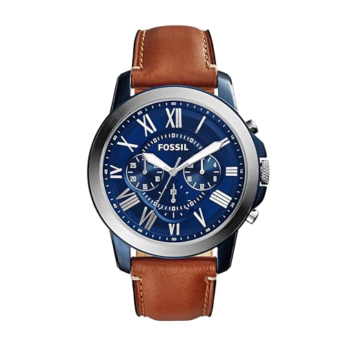 Fossil Men's Grant Quartz Stainless Steel and Leather Chronograph Watch, Color: Silver/Blue, Luggage (Model: FS5151)