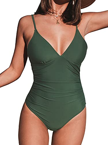 CUPSHE Women's One Piece Swimsuit Tummy Control V Neck Bathing Suits M Green