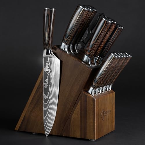 SENKEN 16-Piece Acacia Wood Knife Block Set with Laser Damascus Pattern - Includes Steak Knives, Kitchen Shears, Chef's Knife, Santoku, Cleaver & More