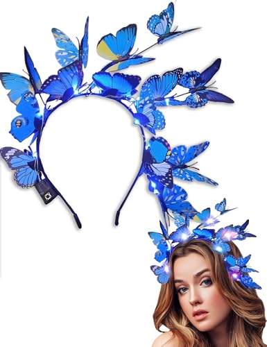 Butterfly Fascinator Headband Crown Monarch Light up Butterfly Tea Party Halloween Chritmas Headpiece for Women (Blue)