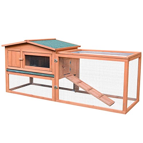 Pawhut 62' Outdoor Rabbit Hutch with Run, Guinea Pig Pet House Bunny Cage with Pull Out Tray, Waterproof Roof