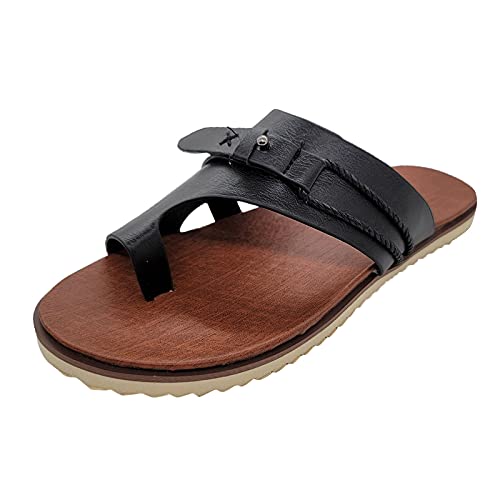 Shengsospp Women's Comfort Toe Ring Flat Slide Sandals Leather Sandal Basic Plain Slippers Slip On Sandals Slides Casual Peep Toe Black, 9