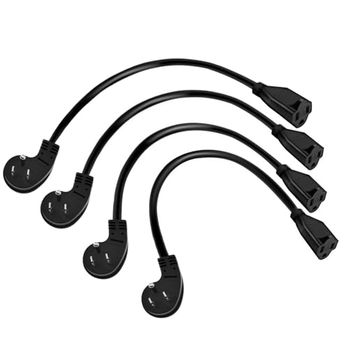 Miady Flat Plug Extension Cord 1 Ft, 90 Degree Plug Adapter, 3 Prong Grounded Wire Short Flat Wall Power Cord Black ETL Listed (4-Pack, 13 Amp, 125 Volts, 1625 Watts)