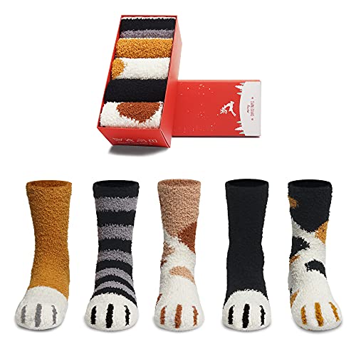 SISOSOCK 5 Pairs Women's Fuzzy Cat Paw Crew Socks Multicolor