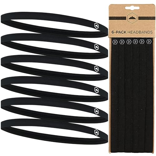 Tough Headwear Thin Elastic Sports Headbands for Women & Men, Workout, Running, Soccer Headband - 6 Black