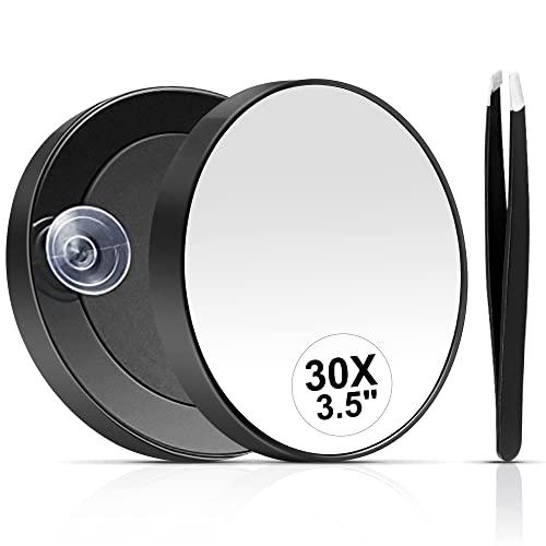MIYADIVA 30X Magnifying Mirror, Small Magnifying Mirror with Suction Cup and Tweezers, As a Travel Mganifying Mirror, Compact Mirror Set for Plucking Eyebrows 3.5 Inches