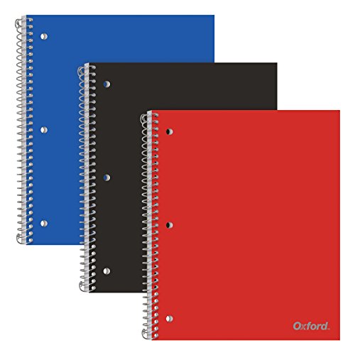 Tops Oxford Spiral Notebooks, 1 Subject, College Ruled Paper, Durable Plastic Cover, 100 Sheets, Divider Pocket, 3 per Pack (10390), Red, Black and Blue