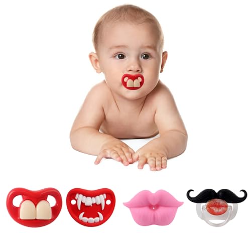 ROBBEAR 4-Pack Funny Baby Pacifier, Cute Kiss Lips Mustache Binkies, Buck Tooth Halloween Pacifiers for Babies 0-36 Months, Orthodontic Silicone Nipple, Silicone Binkies, BPA-Free, Gift for Infants
