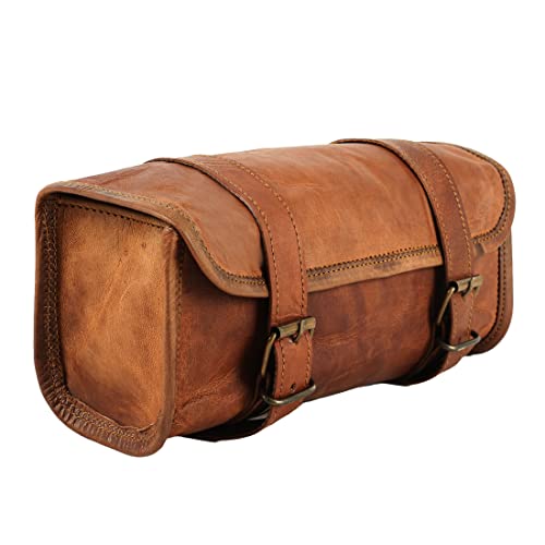 The Vintage Stuff Leather Handlebar Bag Brown Saddle Motorcycle Bag Bicycle Tool Bag Buff Leather Travel Accessory Pouch (Tan Brown)