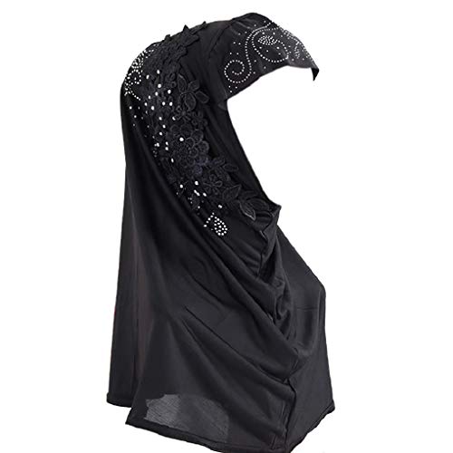 Caviotess Women One Piece Muslim Hijab Lace Applique Head Wrap Scarf Shawl with Rhinestones