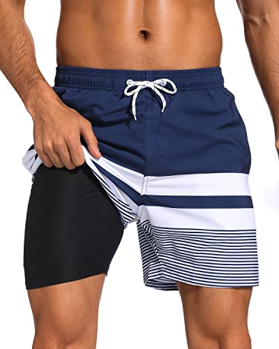 SILKWORLD Quick Dry Mens Swim Trunks with Compression Liner Stretch Swim Shorts Bathing Suits with Zipper Pockets,Dark Navy&White Stripes,Medium