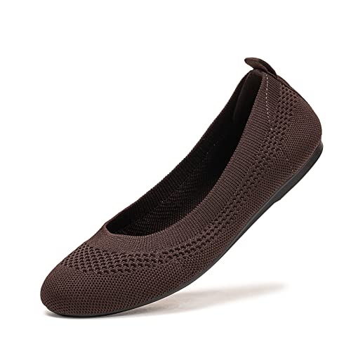 BEJINASH Ballet Flats for Women Soft Slip On Flat Shoes Knit Round Toe Work Flat Mesh Woman Walking Shoes Comfortable Casual, Coffee,7.5