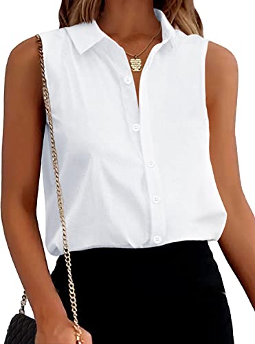 Zeagoo Womens Sleeveless Button Down Shirt Tops Solid Casual Loose Blouse,White,X-Large