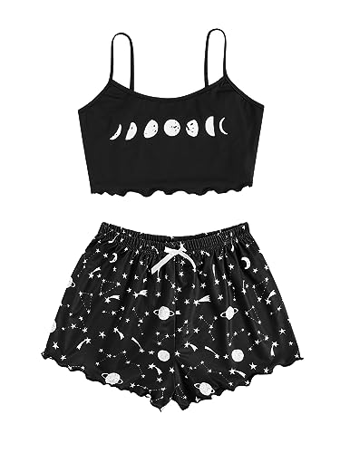 SOLY HUX Women's Cartoon Print Lettuce Trim Cami Top and Shorts Cute Pajama Set Sleepwear Black Star Moon L