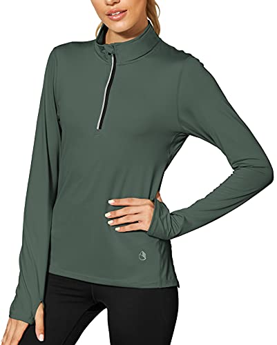 icyzone Workout Long Sleeve Shirts for Women - Yoga Running Tops Quarter Zip Pullover Exercise T-Shirts with Thumb Holes (L, Smoke Pine)