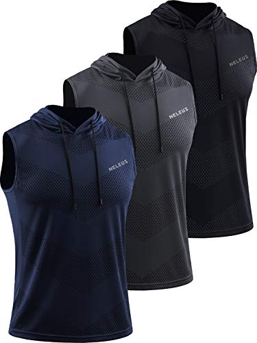 NELEUS Men's Workout Tank Tops Sleeveless Running Shirts with Hoodie,5098,3 Pack,Black/Grey/Navy Blue,M