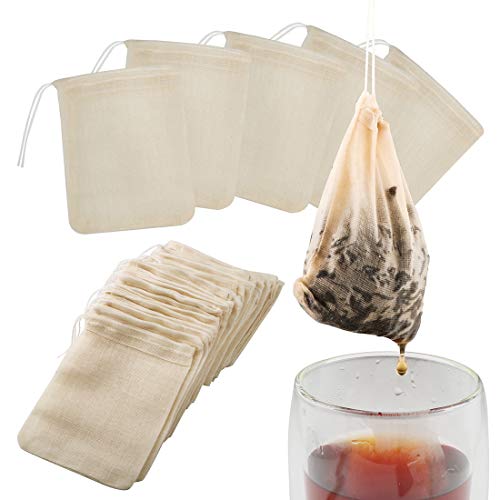 Tea Filter Bags, 50 Pack Housim Reusable Cotton Tea Bags Empty Unbleached Strainer Filter Bags ECO Friendly Tea/Herb Brew Bags Loose Leaf Tea Infuser for Home Office Travel (3.1 x 3.9Inch)