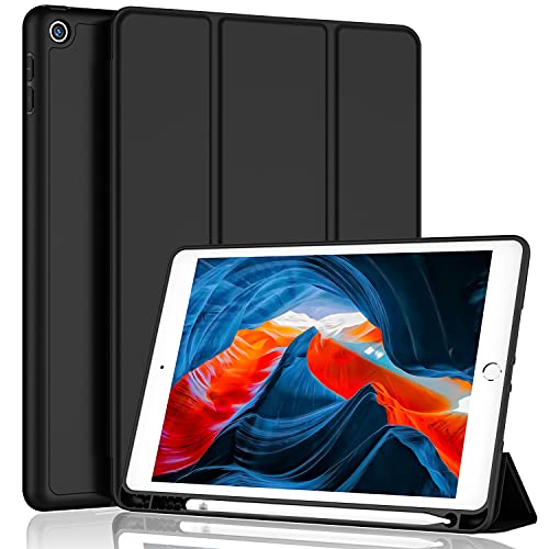 iMieet iPad 9th Generation Case 2021/iPad 8th Generation Case 2020 10.2 Inch with Pencil Holder, iPad 7th Gen 2019 Case with Soft Baby Skin Silicone Back, Auto Wake/Sleep Cover (Black)